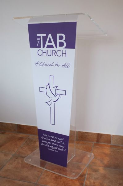 Showing pulpit with optional shaped front fully branded